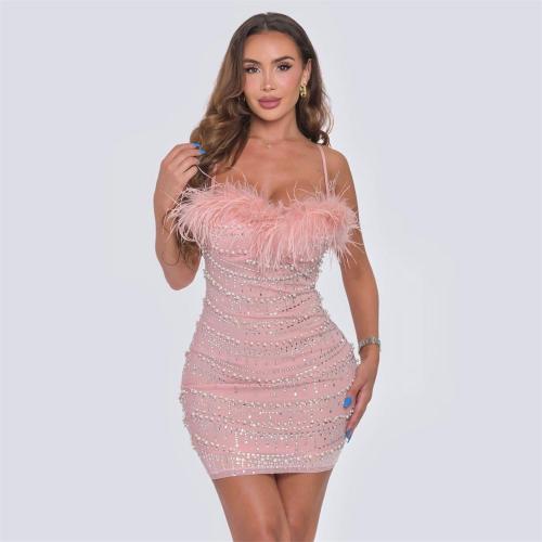 Pink Evening Party Feather Pearl Diamonds Bodycon Mini Dresses