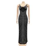 Black Luxury Mesh Rhinestone Underwire Mermaid Gown Maxi Dress
