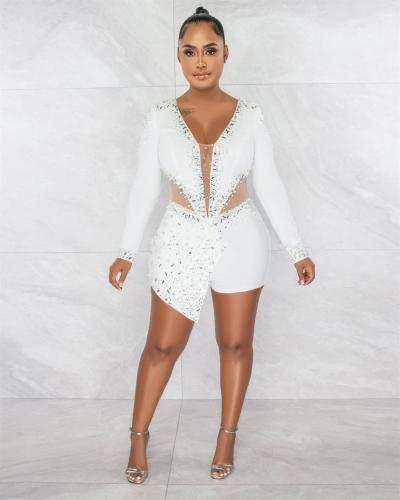 White Rhinestone Pearl Elegant Long Sleeve Sheer Mesh Sequins Rompers
