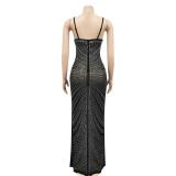Black Luxury Mesh Rhinestone Underwire Mermaid Gown Maxi Dress