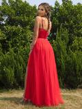 Red Sleeveless Straps Low Cut Pleated Mesh Slit Cute Girl Maxi Dress