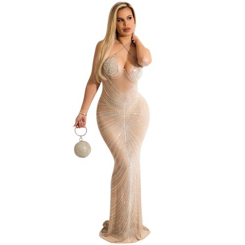 Beige Luxury Mesh Rhinestone Underwire Mermaid Gown Maxi Dress