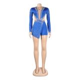 Blue Rhinestone Pearl Elegant Long Sleeve Sheer Mesh Sequins Rompers