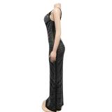 Black Luxury Mesh Rhinestone Underwire Mermaid Gown Maxi Dress