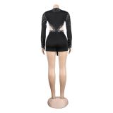 Black Rhinestone Pearl Elegant Long Sleeve Sheer Mesh Sequins Rompers