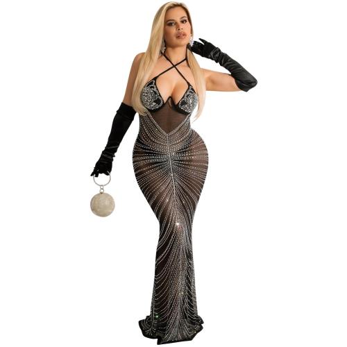Black Luxury Mesh Rhinestone Underwire Mermaid Gown Maxi Dress