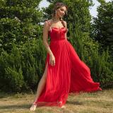 Red Sleeveless Straps Low Cut Pleated Mesh Slit Cute Girl Maxi Dress