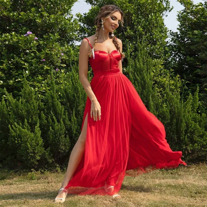 Red Sleeveless Straps Low Cut Pleated Mesh Slit Cute Girl Maxi Dress