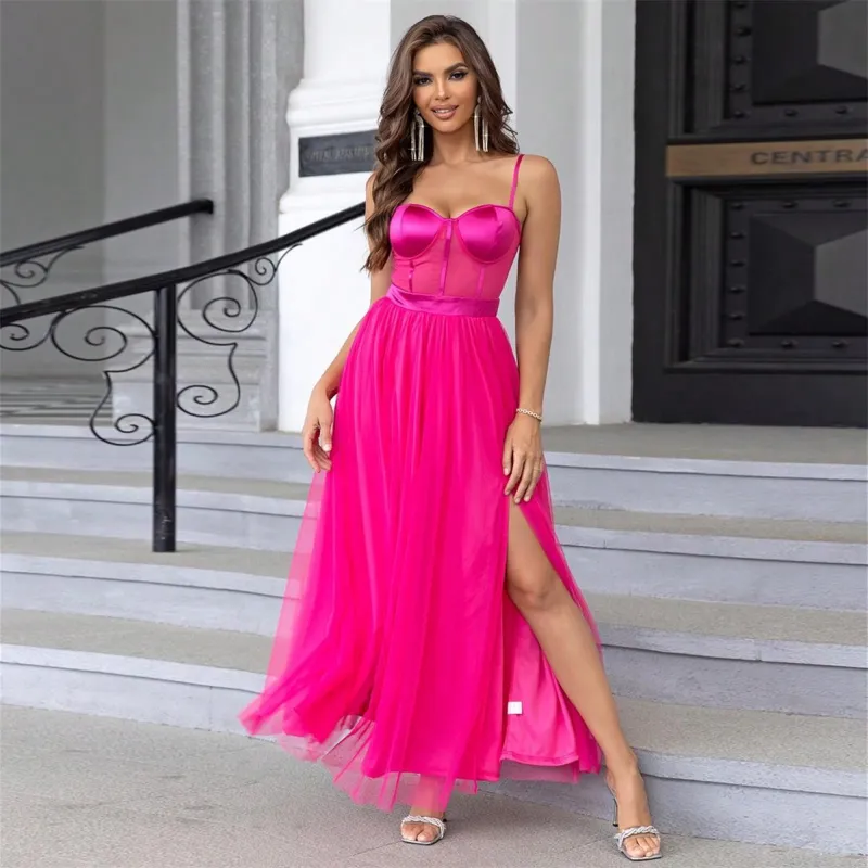 Rose Red Sleeveless Straps Low Cut Pleated Mesh Slit Cute Girl Maxi Dress