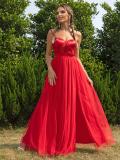 Red Sleeveless Straps Low Cut Pleated Mesh Slit Cute Girl Maxi Dress