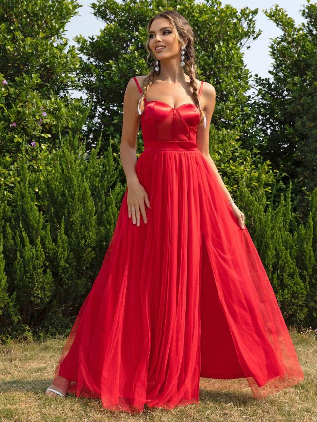 Red Sleeveless Straps Low Cut Pleated Mesh Slit Cute Girl Maxi Dress