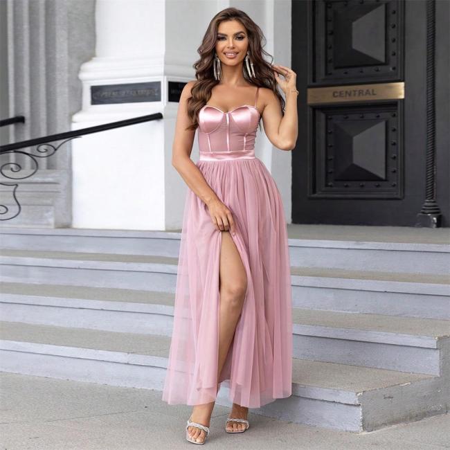 Pink Sleeveless Straps Low Cut Pleated Mesh Slit Cute Girl Maxi Dress