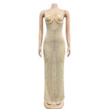 Beige Luxury Mesh Rhinestone Underwire Mermaid Gown Maxi Dress