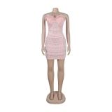 Pink Evening Party Feather Pearl Diamonds Bodycon Mini Dresses