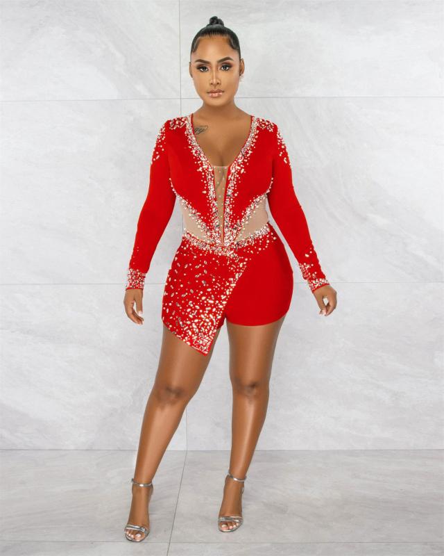 Red Rhinestone Pearl Elegant Long Sleeve Sheer Mesh Sequins Rompers