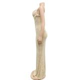 Beige Luxury Mesh Rhinestone Underwire Mermaid Gown Maxi Dress