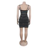 Black Evening Party Feather Pearl Diamonds Bodycon Mini Dresses
