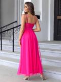 Rose Red Sleeveless Straps Low Cut Pleated Mesh Slit Cute Girl Maxi Dress