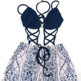Blue Straps Cut Out Sexy Printed Women Loose Fit Wide Leg Jumpsuits
