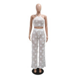 White Lace-up Short Top Loose Slim Trousers Mesh See-Through Two-Piece Suit