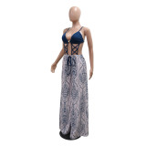 Blue Straps Cut Out Sexy Printed Women Loose Fit Wide Leg Jumpsuits