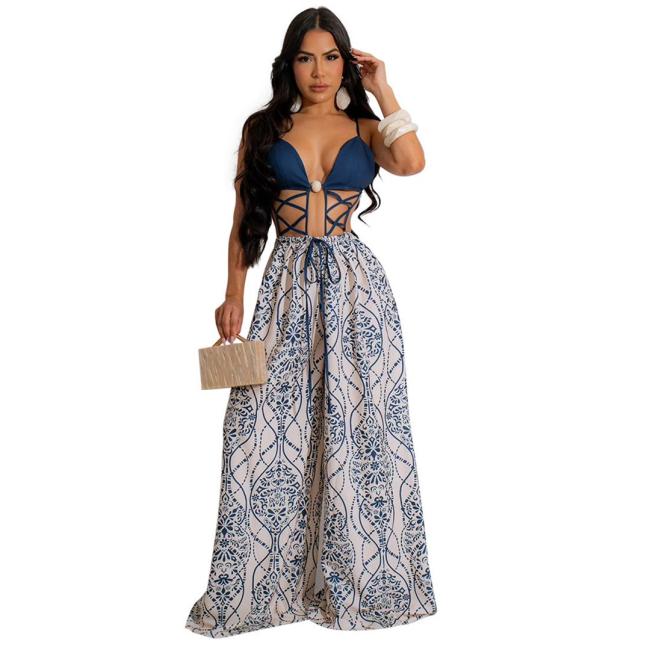 Blue Straps Cut Out Sexy Printed Women Loose Fit Wide Leg Jumpsuits