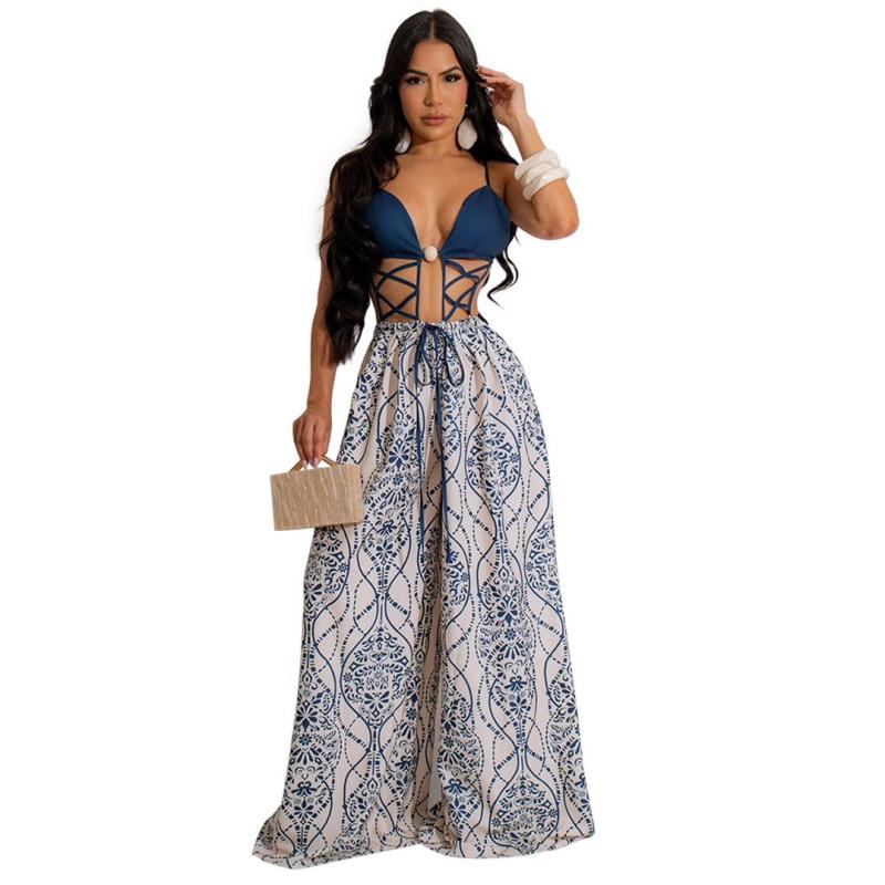 Blue Straps Cut Out Sexy Printed Women Loose Fit Wide Leg Jumpsuits