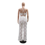 White Lace-up Short Top Loose Slim Trousers Mesh See-Through Two-Piece Suit