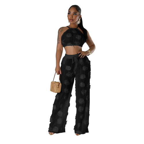 Black Lace-up Short Top Loose Slim Trousers Mesh See-Through Two-Piece Suit