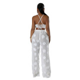 White Lace-up Short Top Loose Slim Trousers Mesh See-Through Two-Piece Suit