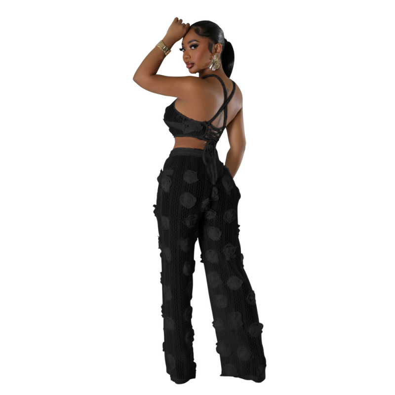 Black Lace-up Short Top Loose Slim Trousers Mesh See-Through Two-Piece Suit