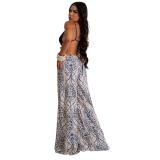 Blue Straps Cut Out Sexy Printed Women Loose Fit Wide Leg Jumpsuits