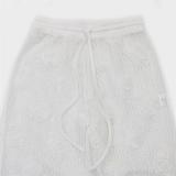 White Lace-up Short Top Loose Slim Trousers Mesh See-Through Two-Piece Suit