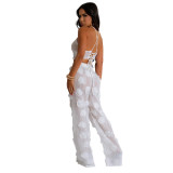 White Lace-up Short Top Loose Slim Trousers Mesh See-Through Two-Piece Suit