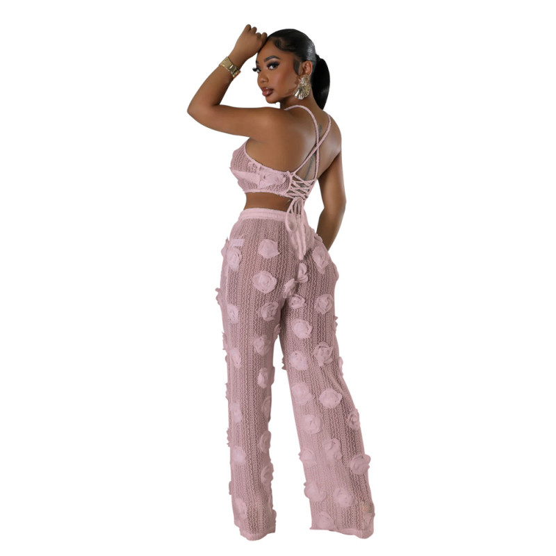 Pink Lace-up Short Top Loose Slim Trousers Mesh See-Through Two-Piece Suit