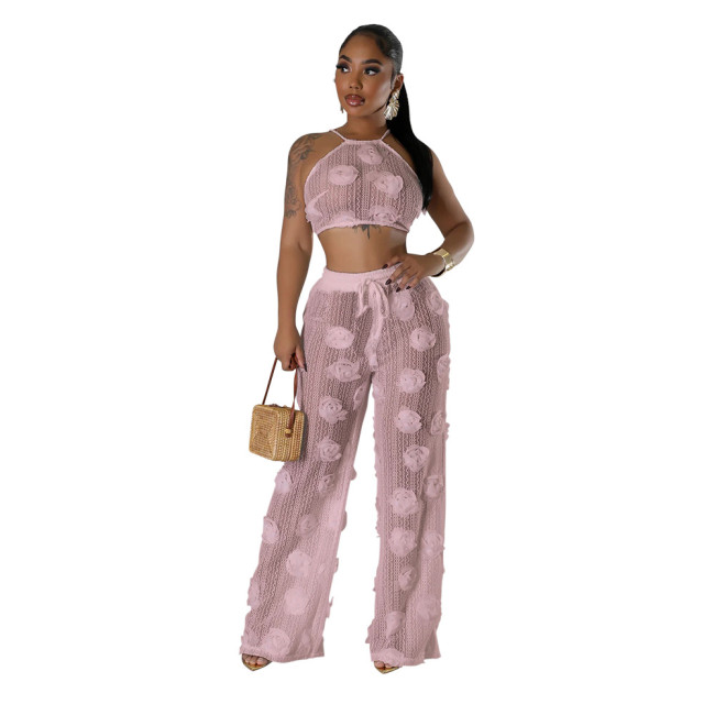 Pink Lace-up Short Top Loose Slim Trousers Mesh See-Through Two-Piece Suit