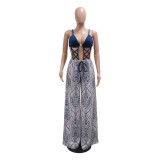 Blue Straps Cut Out Sexy Printed Women Loose Fit Wide Leg Jumpsuits