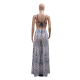 Blue Straps Cut Out Sexy Printed Women Loose Fit Wide Leg Jumpsuits