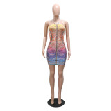 Pink Blue Off Shoulder Low Cut Mesh Printed Bodycon Rhinestone Club Mini Dress