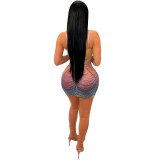 Pink Blue Off Shoulder Low Cut Mesh Printed Bodycon Rhinestone Club Mini Dress