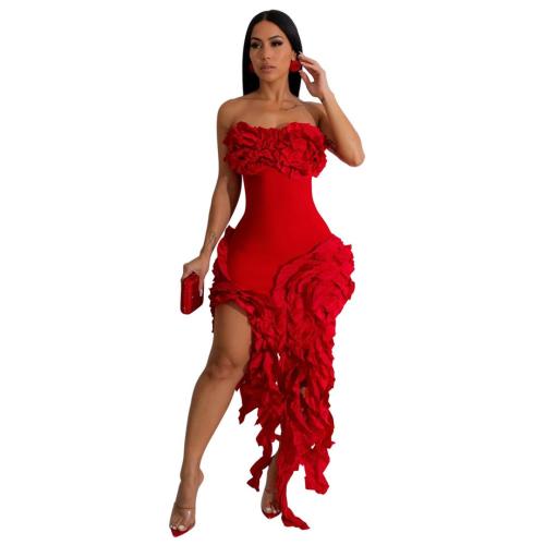 Red Off Shoulder Lace Ruffles Irregular High Slit Tassels Club Party Dress