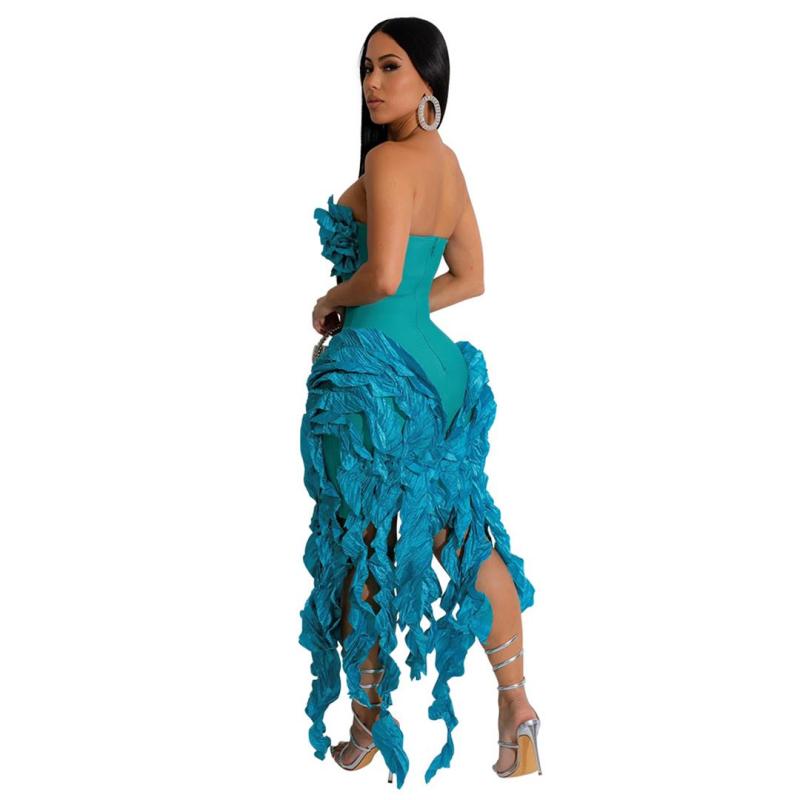 Green Off Shoulder Lace Ruffles Irregular High Slit Tassels Club Party Dress