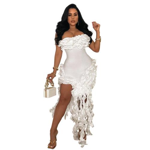 White Off Shoulder Lace Ruffles Irregular High Slit Tassels Club Party Dress