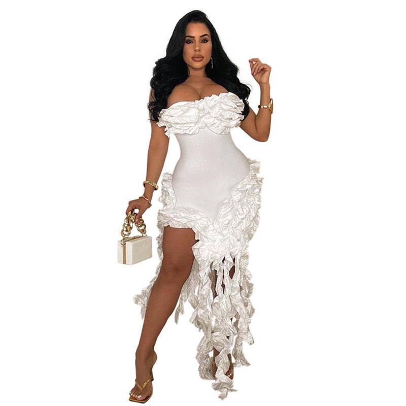 White Off Shoulder Lace Ruffles Irregular High Slit Tassels Club Party Dress