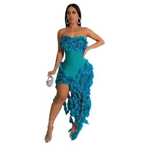 Green Off Shoulder Lace Ruffles Irregular High Slit Tassels Club Party Dress