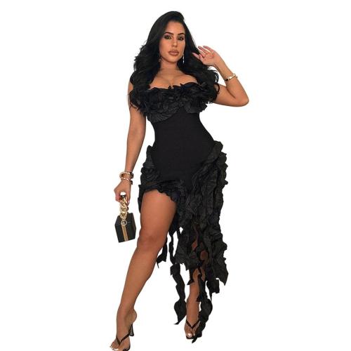 Black Off Shoulder Lace Ruffles Irregular High Slit Tassels Club Party Dress