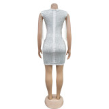 White Mesh Deep V Neck Diamonds Tassels Bodycon Club Mini Dress