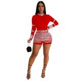 Red Long Sleeve Diamonds Bodycon Party Straight Sexy Rompers
