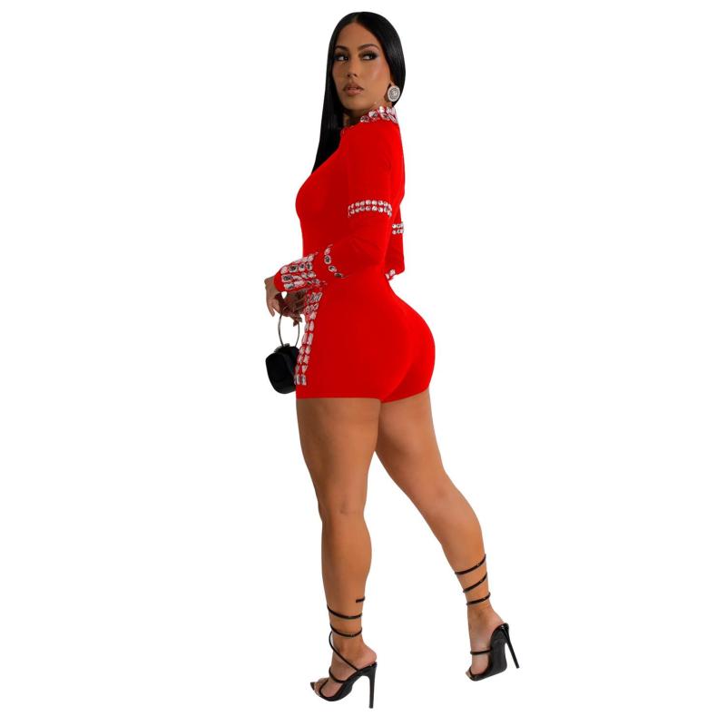 Red Long Sleeve Diamonds Bodycon Party Straight Sexy Rompers