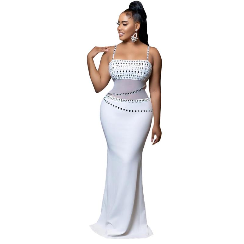 White Off Shoulder Mesh Diamonds Pleated Party Elegant Prom Maxi Dress